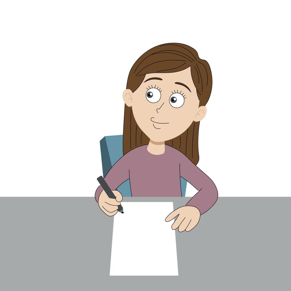 Cartoon girl sitting at table with marker in hand and blank sheet of paper, planning, to-do list, isolate on white, flat style, free writing vector
