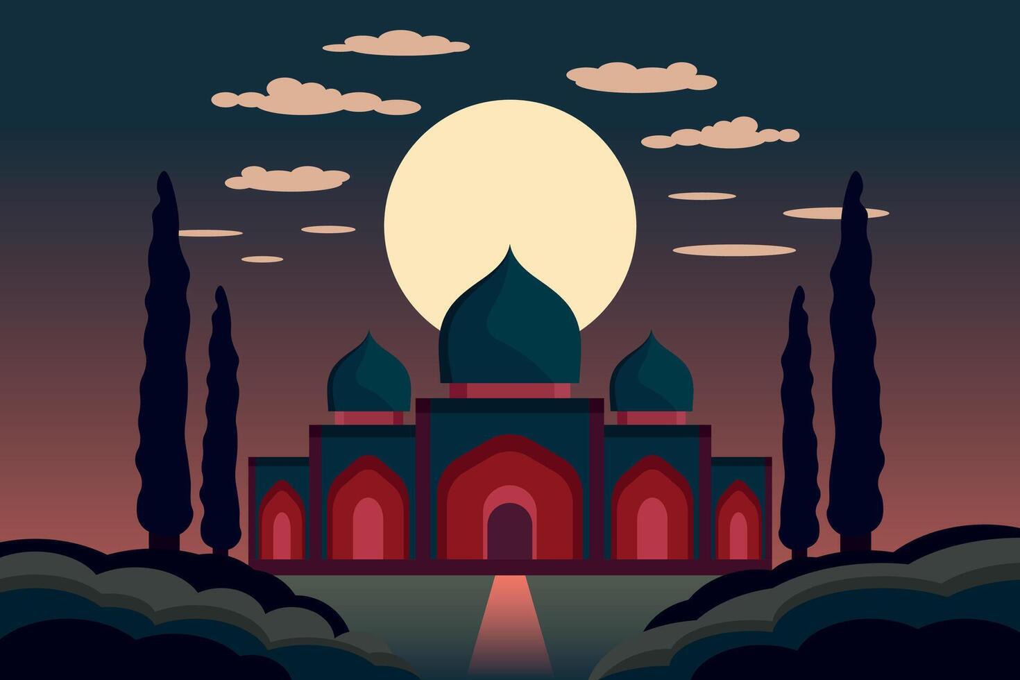 Arabian style palace with night sky and moon in background, flat style vector