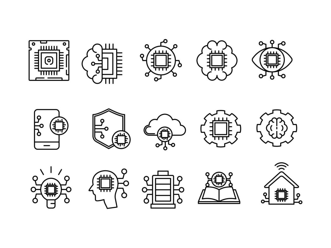 Set of artificial intelligence line icons. Technology, ai, digital, brain, chip etc and more. isolated white background,Editable line vector