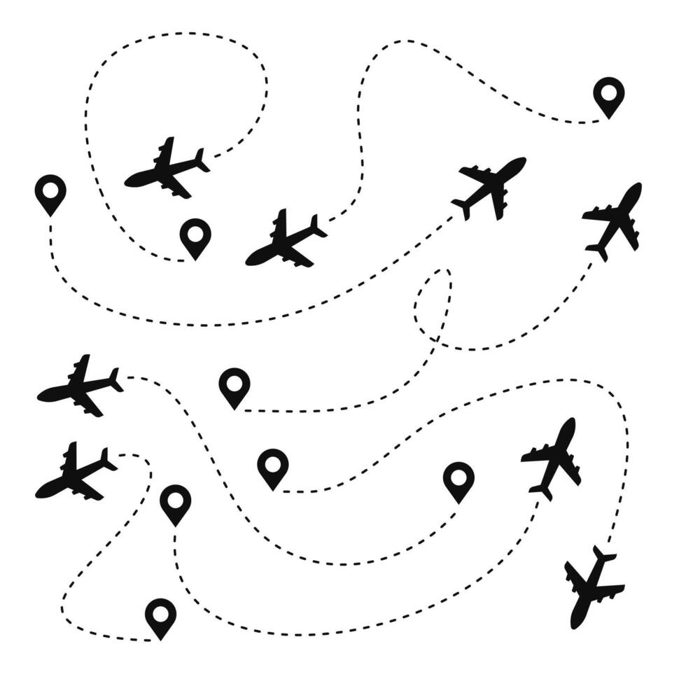Big set plane route line. Airplane travel concept with map pins vector