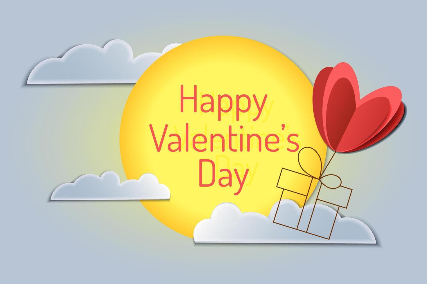 Poster or banner with clouds, sun and a gift in the sky in paper cut style. Happy Valentine's Day. vector