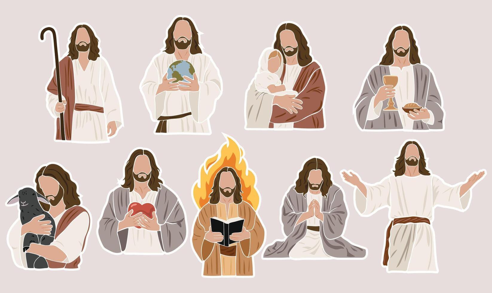 Jesus portrait set, Jesus silhouettes, christian illustration, printable stickers vector