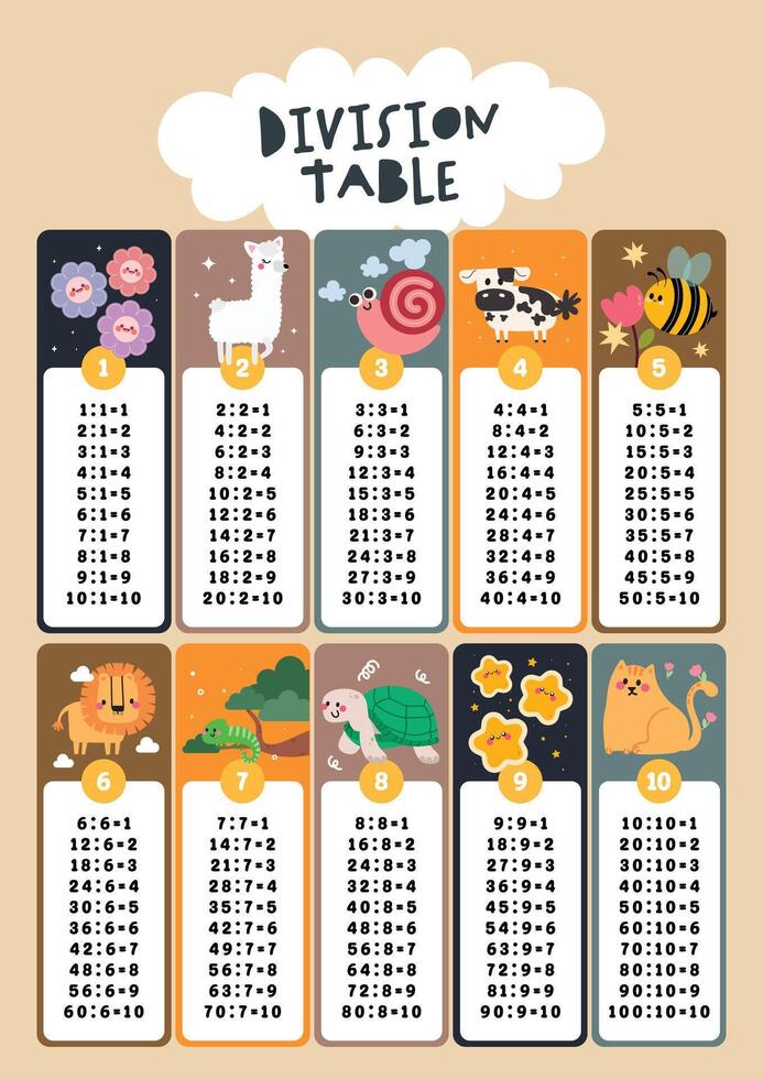 Bookmark divider, flash card division table. Children's design. Printable bookmarks or stickers with a cute animal set collection. vector