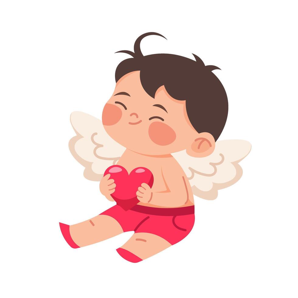 Little boy with wings holds heart in hands. Little boy Cupid on white background. illustration for Valentines Day or baby shower vector