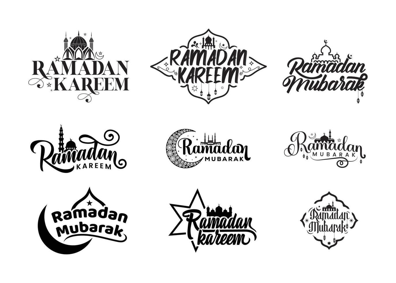 Ramadan Kareem and Ramadan Mubarak. Beautiful typography with a crescent moon, stars, and mosque. Celebrate the holy month of fasting and blessings for Muslims. vector