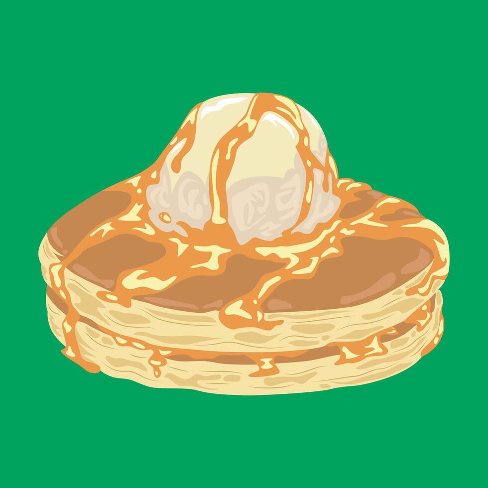 delicious pancakes with ice cream in cartoon style. illustration of pancakes topped with honey and ice cream vector