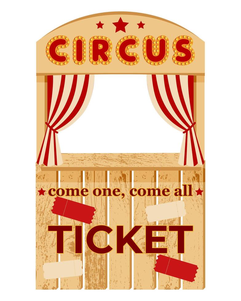 Vintage wooden circus ticket booth with red striped curtains and marquee lights on a white background. Carnival themed design with decorative text and tickets. vector
