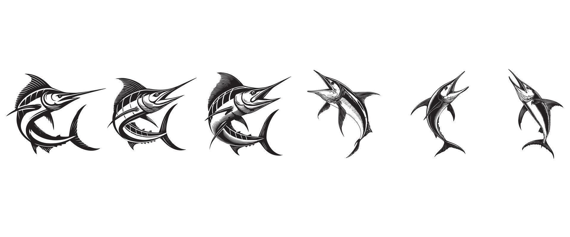 Set of Elegant Black Marlin Fish Clipart Illustration Design vector