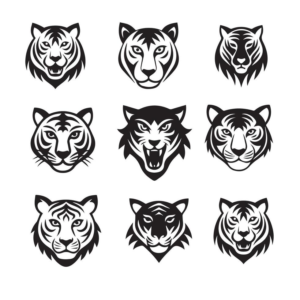 Set of silhouette tiger face illustration vector