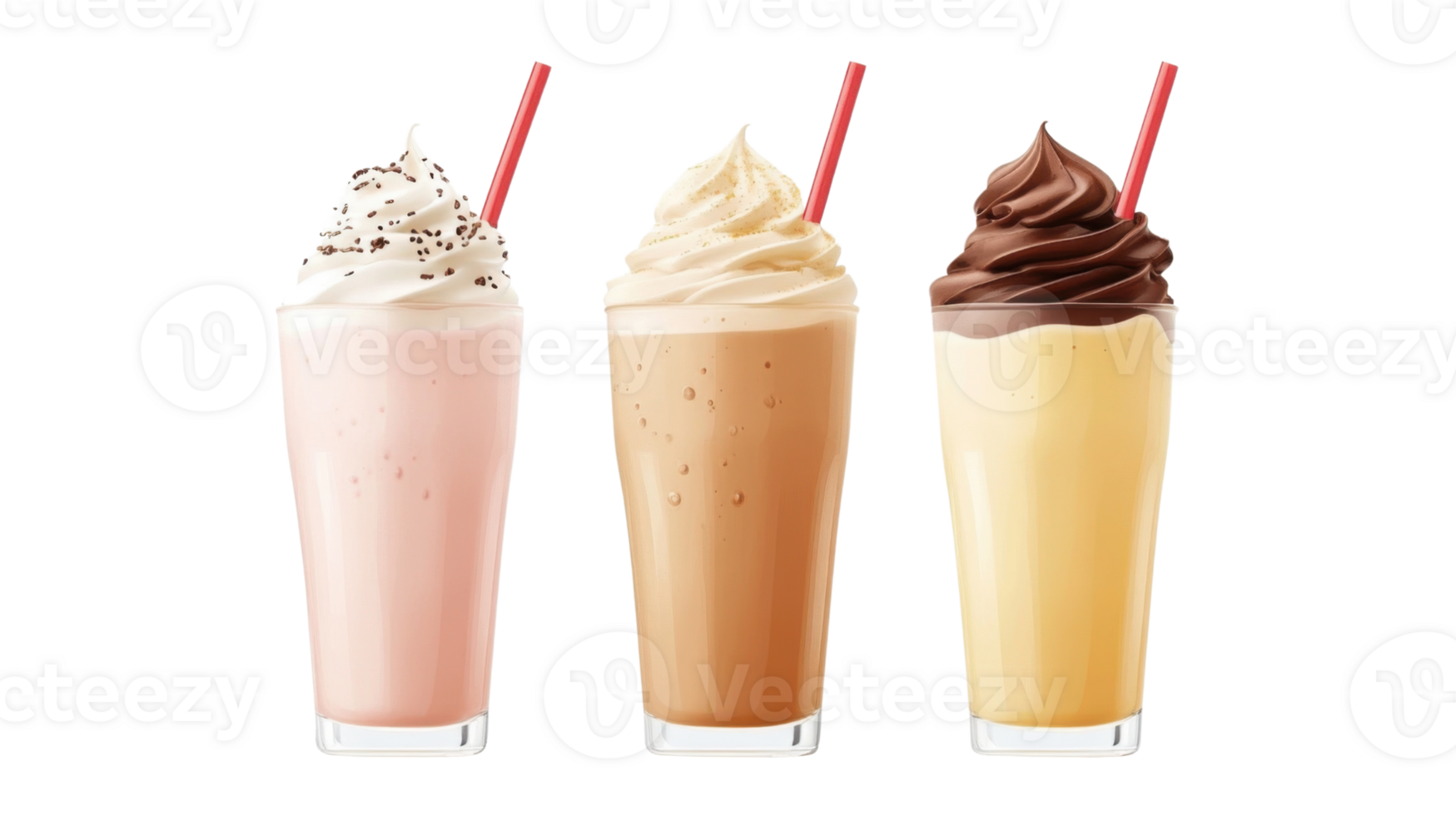 three delicious milkshakes with whipped cream on transparent background png