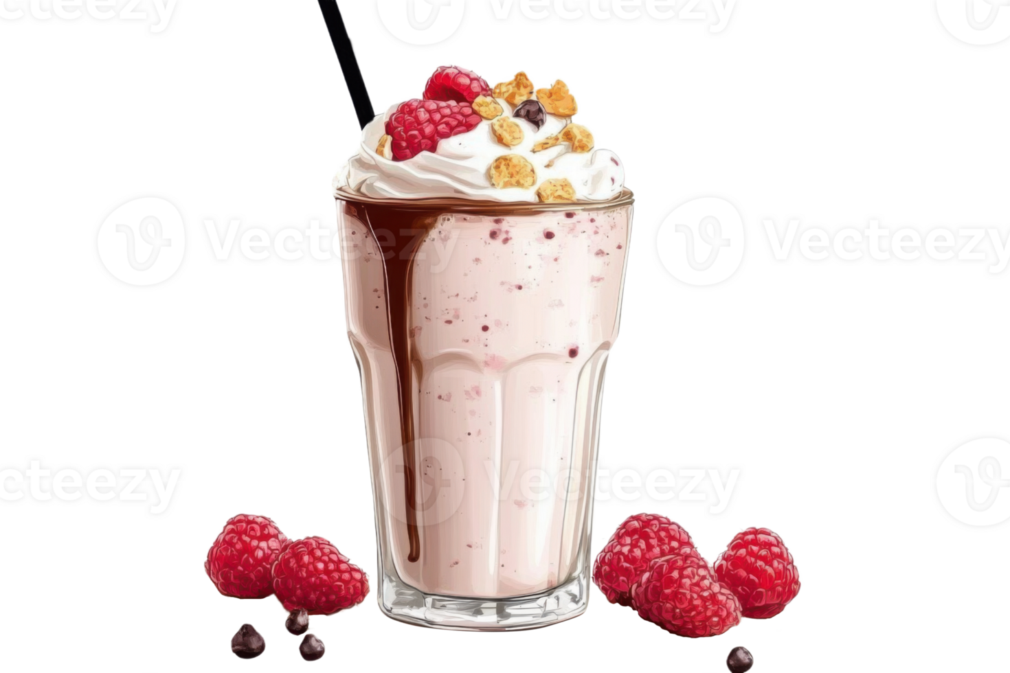 raspberry milkshake with whipped cream and chocolate topping on transparent background png
