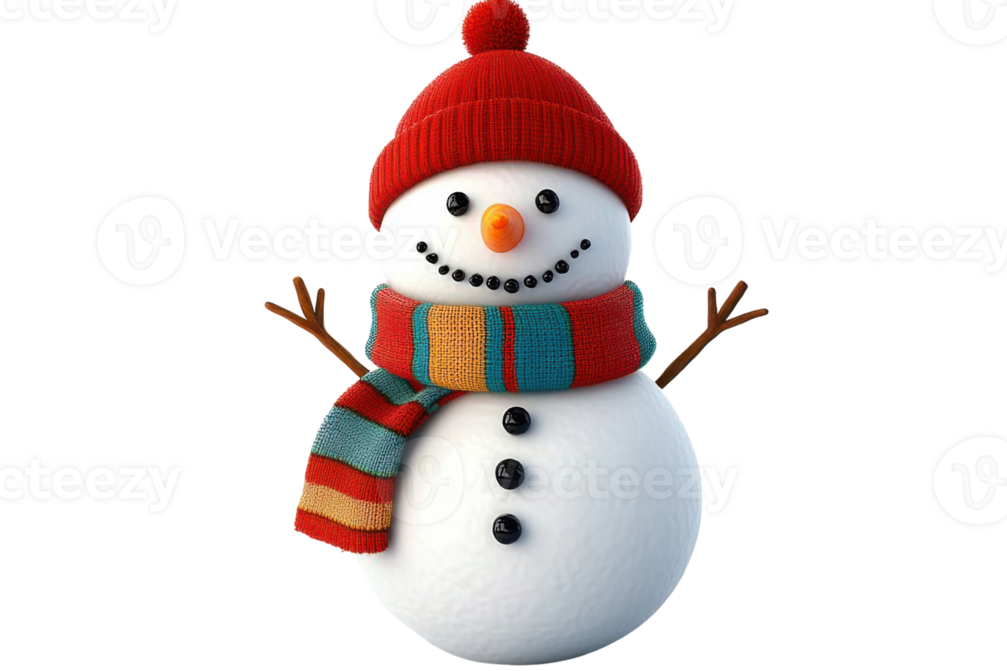 adorable snowman with red hat and striped scarf on transparent background png