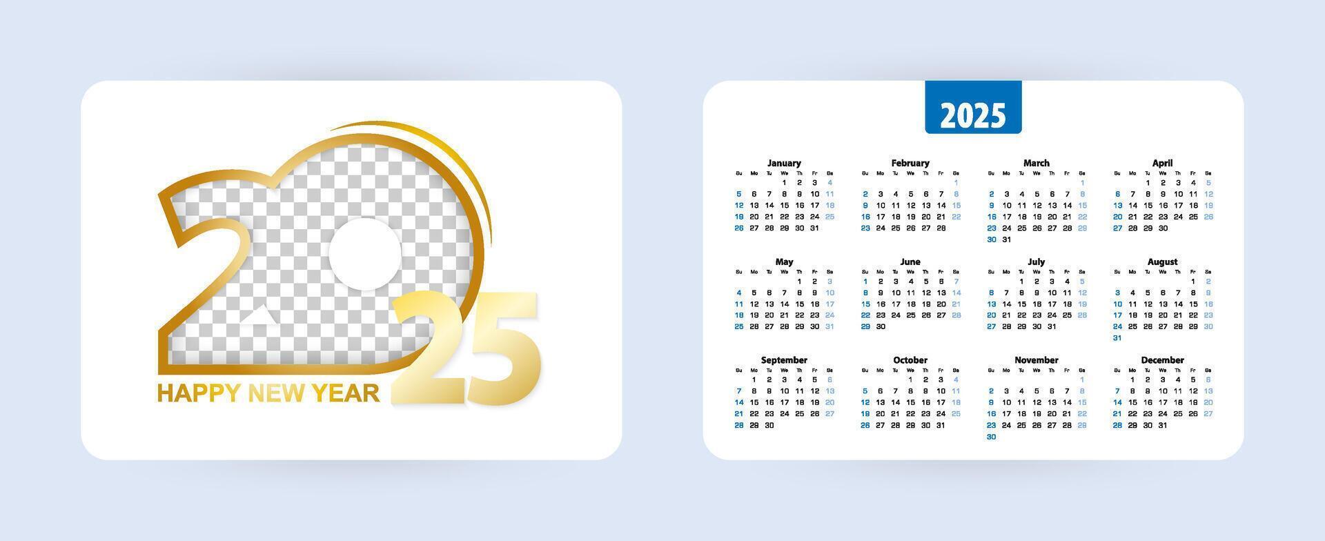 Pocket calendar 2025, week starts on Sunday. vector