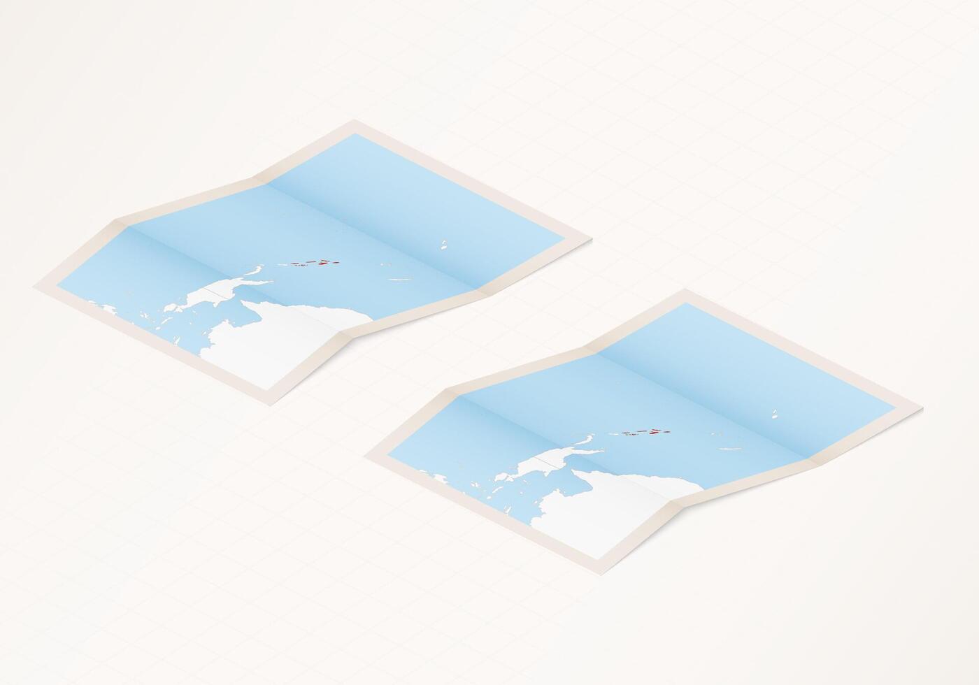 Two versions of a folded map of Solomon Islands with the flag of the country of Solomon Islands and with the red color highlighted. vector