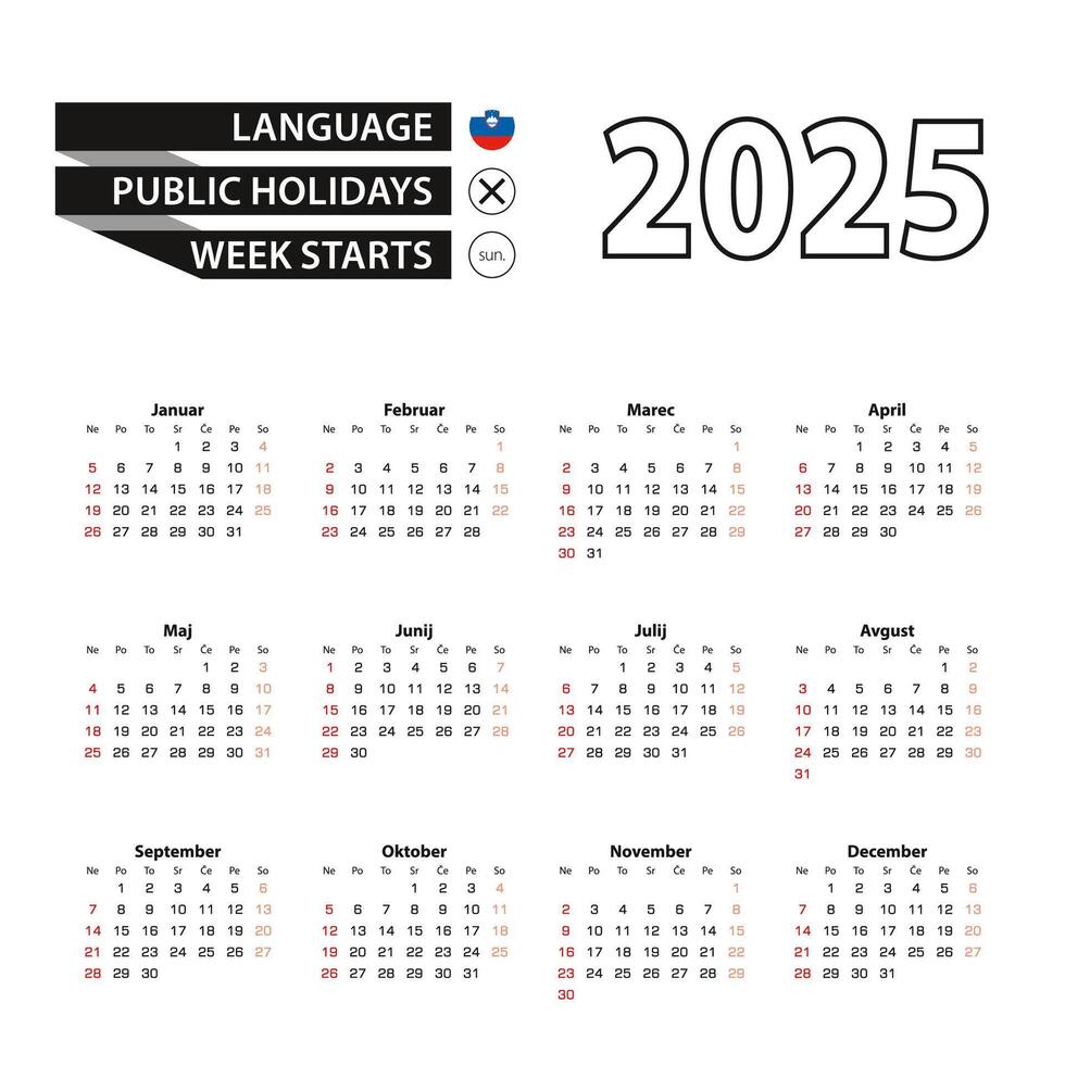 2025 calendar in Slovenian language, week starts from Sunday. vector