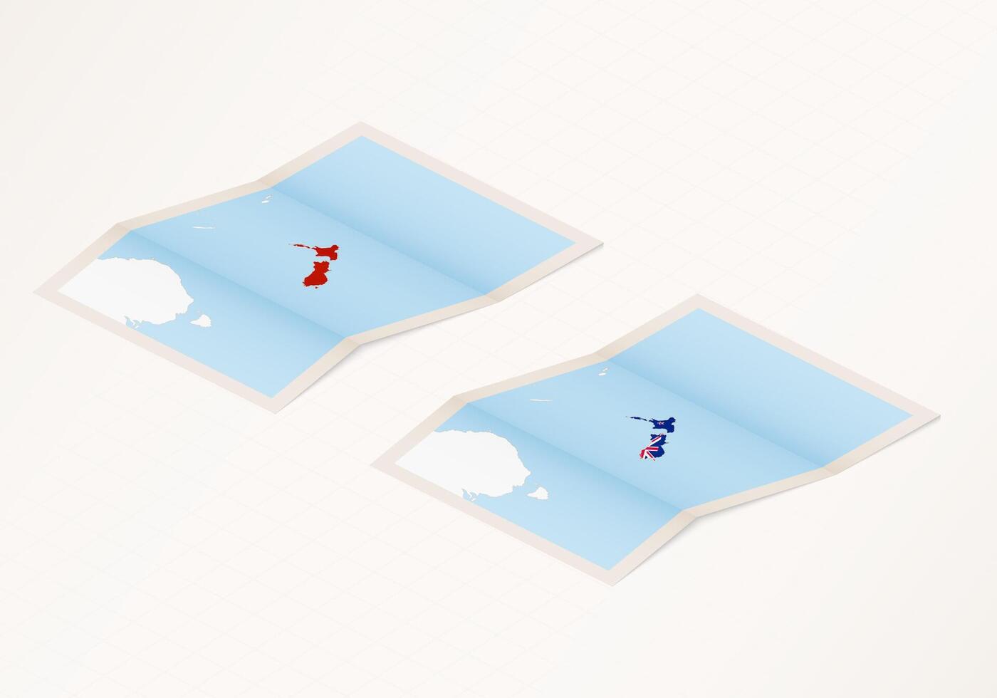 Two versions of a folded map of New Zealand with the flag of the country of New Zealand and with the red color highlighted. vector
