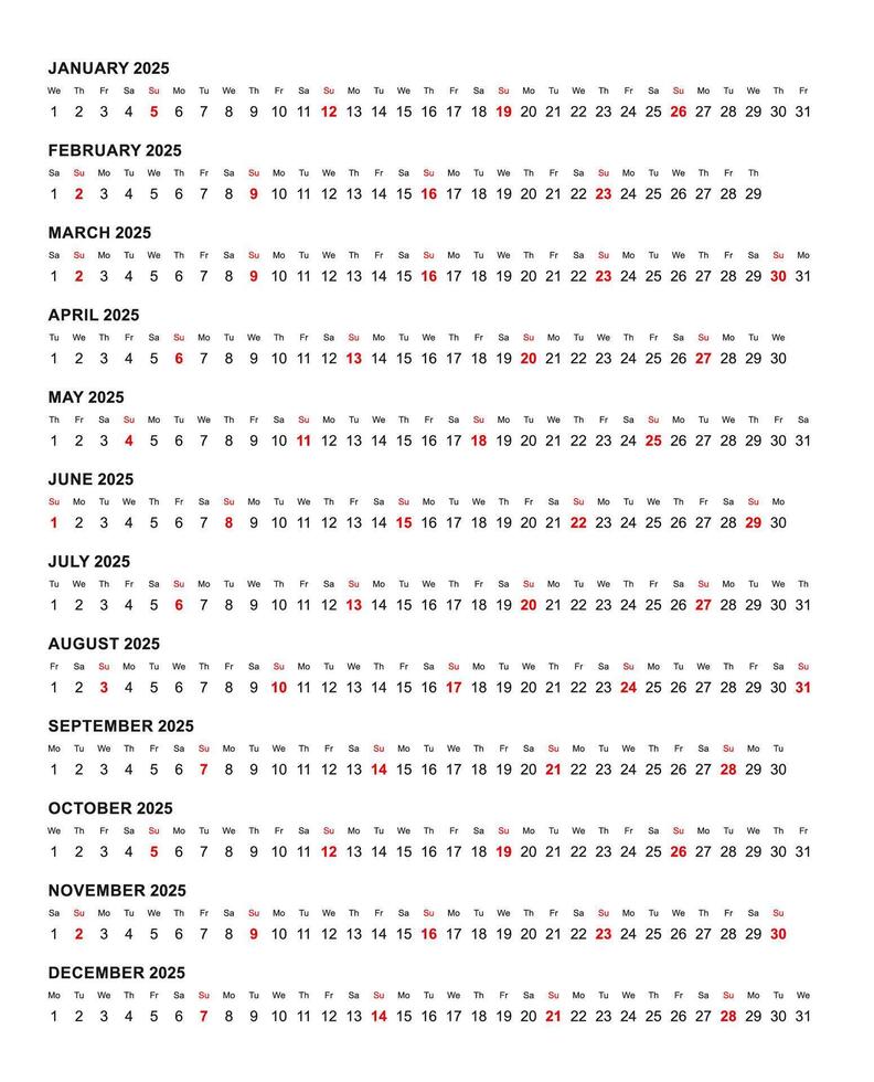 Simple horizontal calendar template year 2025 vector