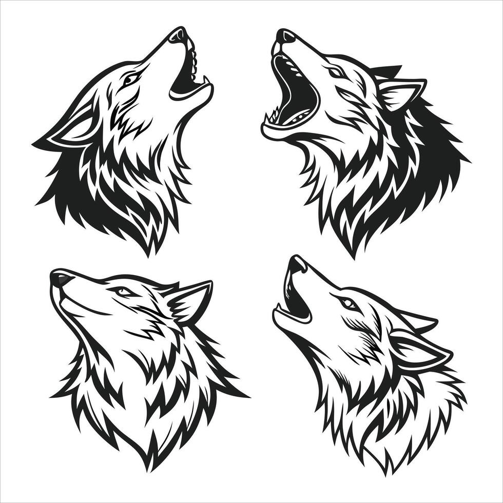 Premium Black and White Wolf Head Set - Intricate and Sophisticated Designs vector
