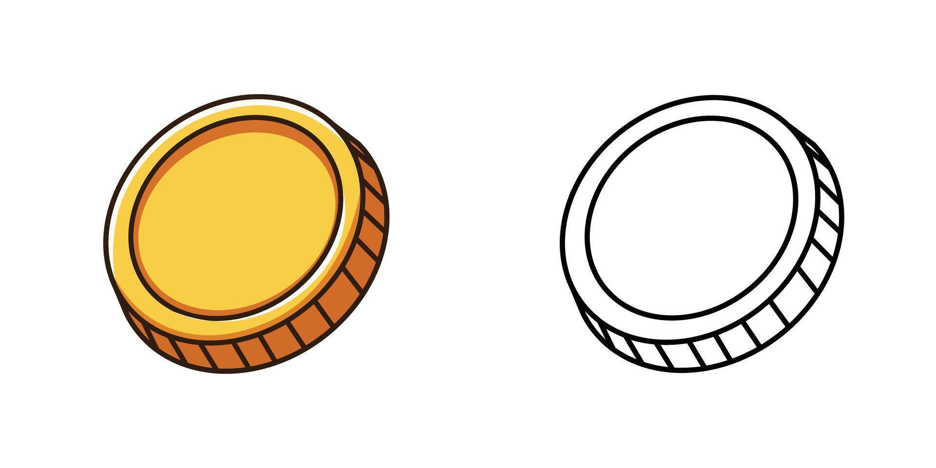 Golden coin illustration with outline version, isolated on white background vector