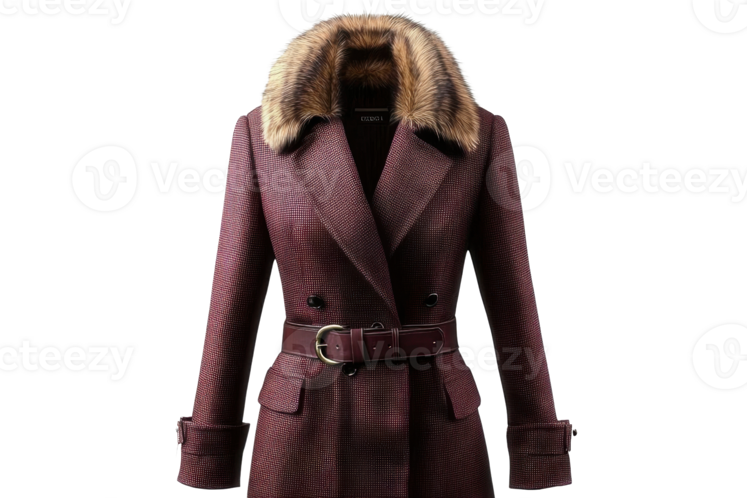 burgundy double-breasted coat with faux fur collar on transparent background png