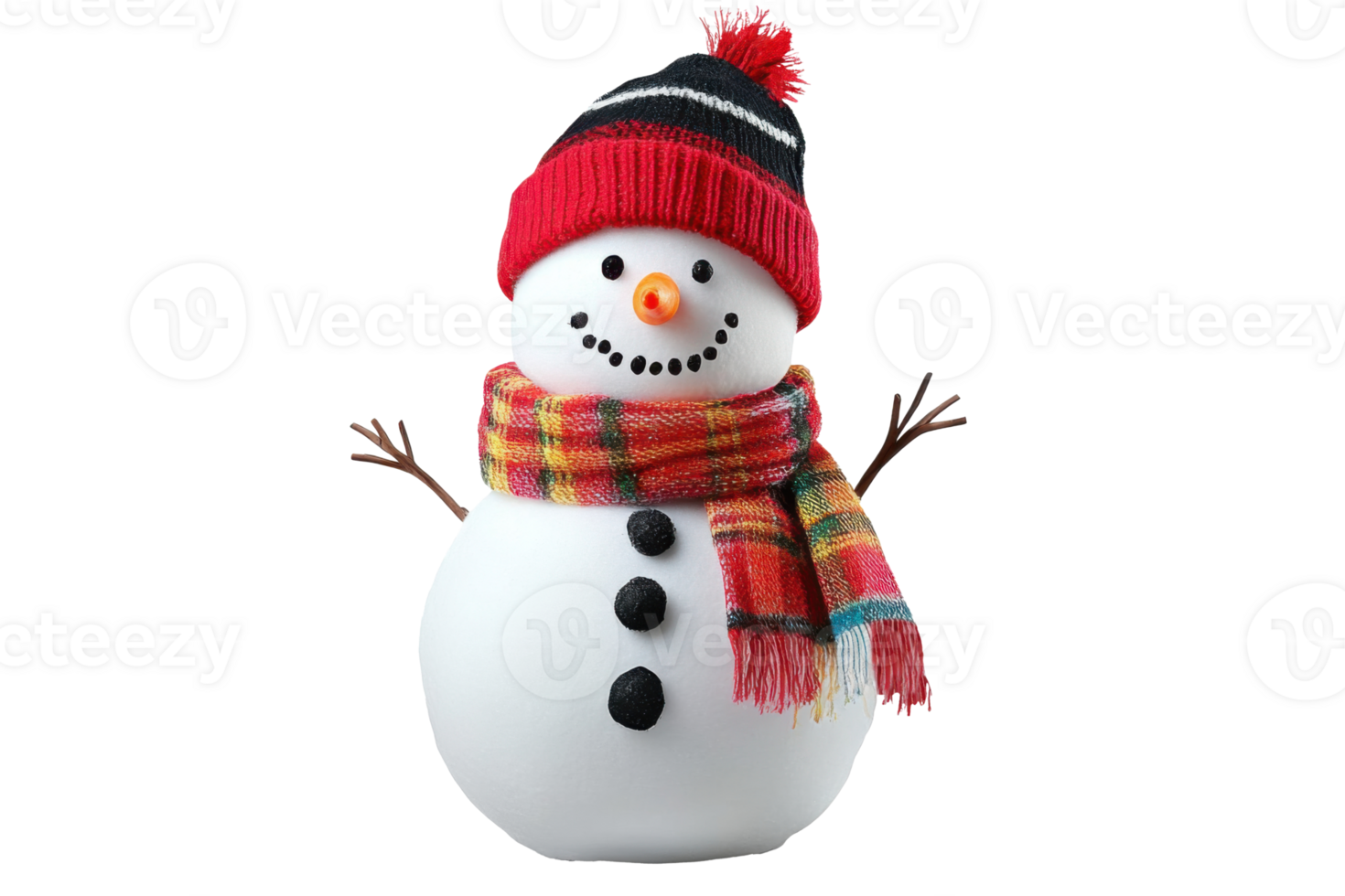 snowman with red knit hat and plaid scarf on transparent background png