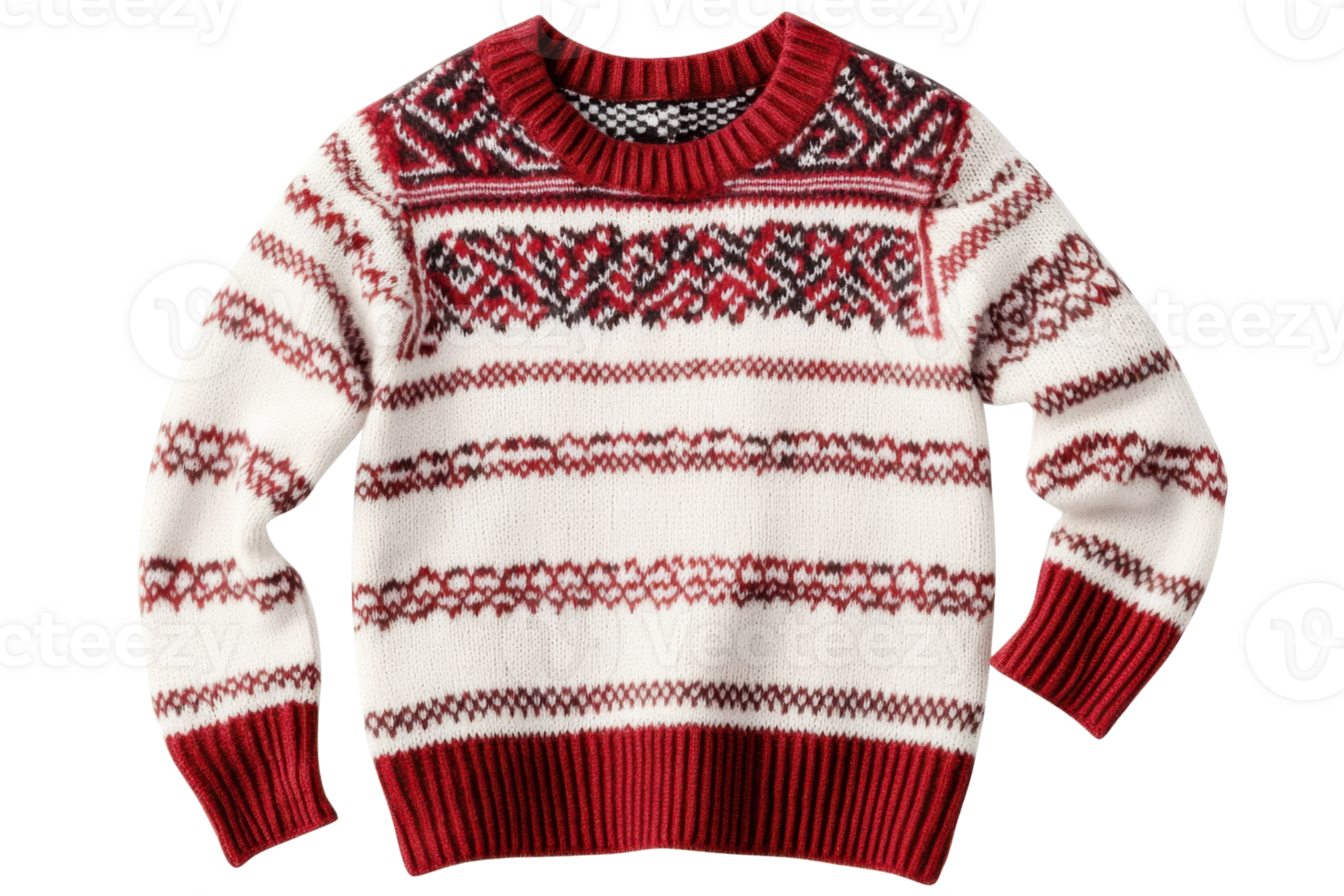 red and cream knit sweater with fair isle pattern on transparent background png