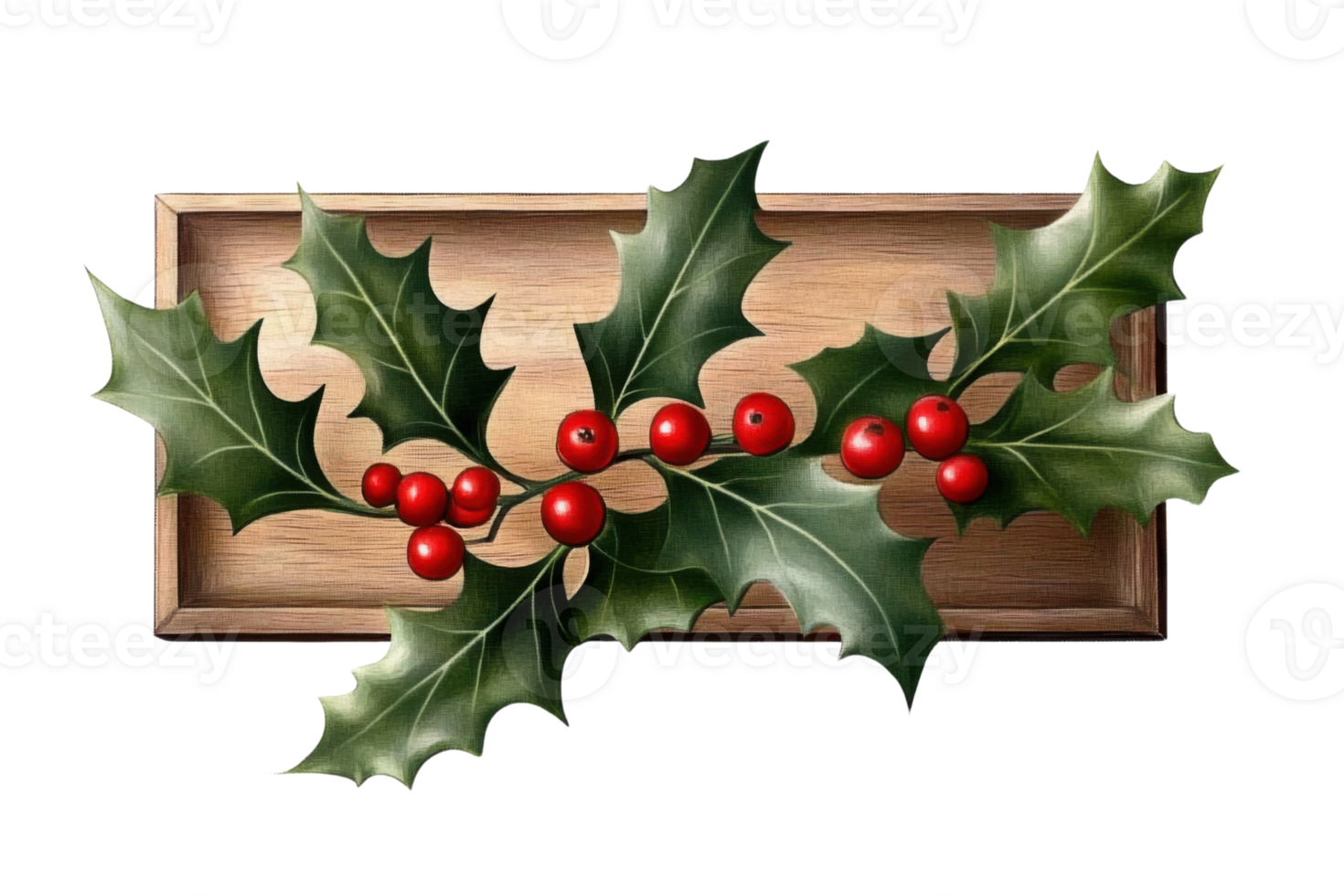 holly berries and leaves on wooden tray on transparent background png