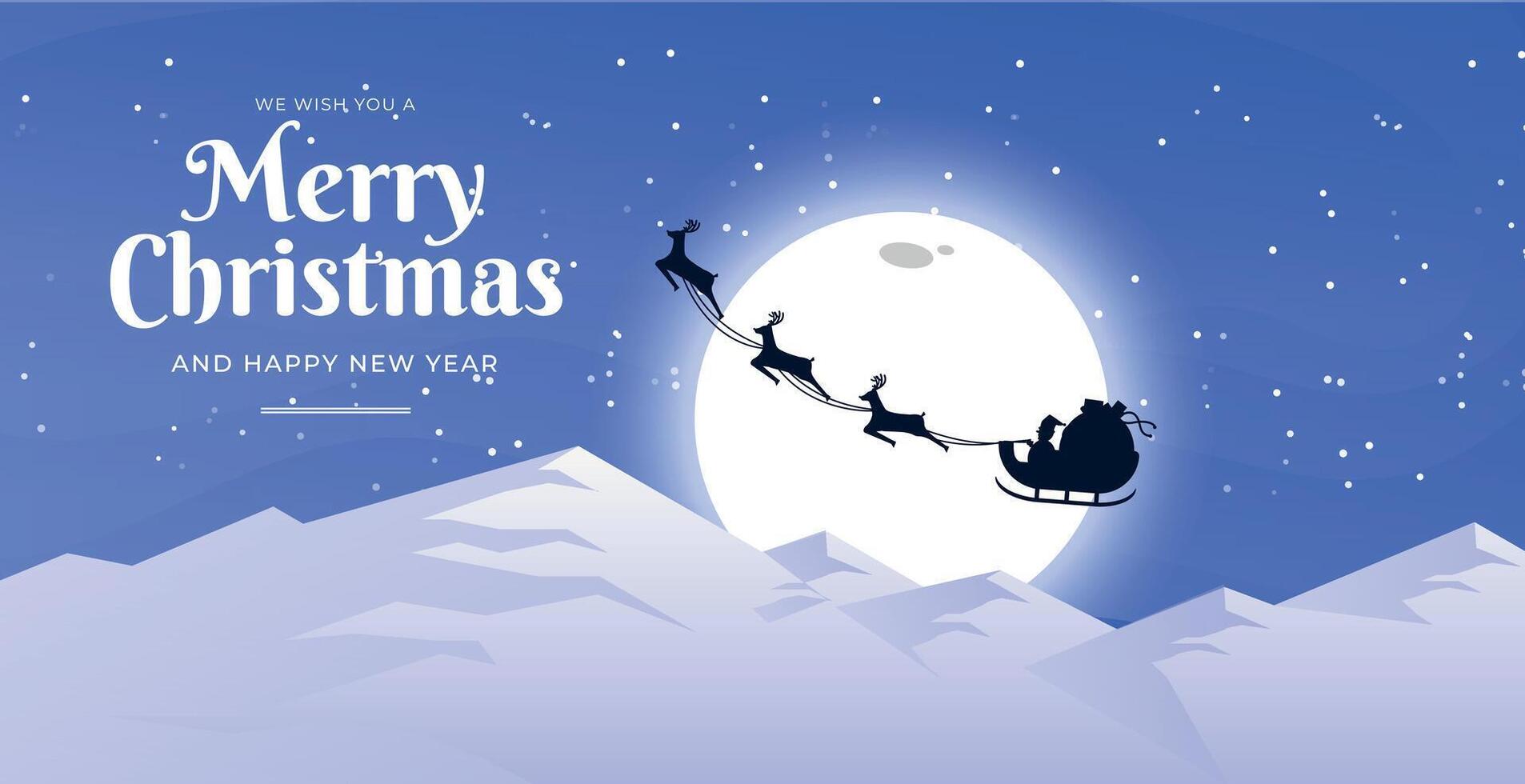 merry christmas and happy new year card with santa claus flying over the mountains vector