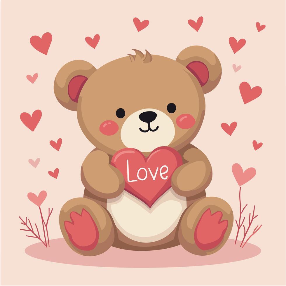 Cute brown bear with hearts on pastel rose background, Valentine's Day illustration vector