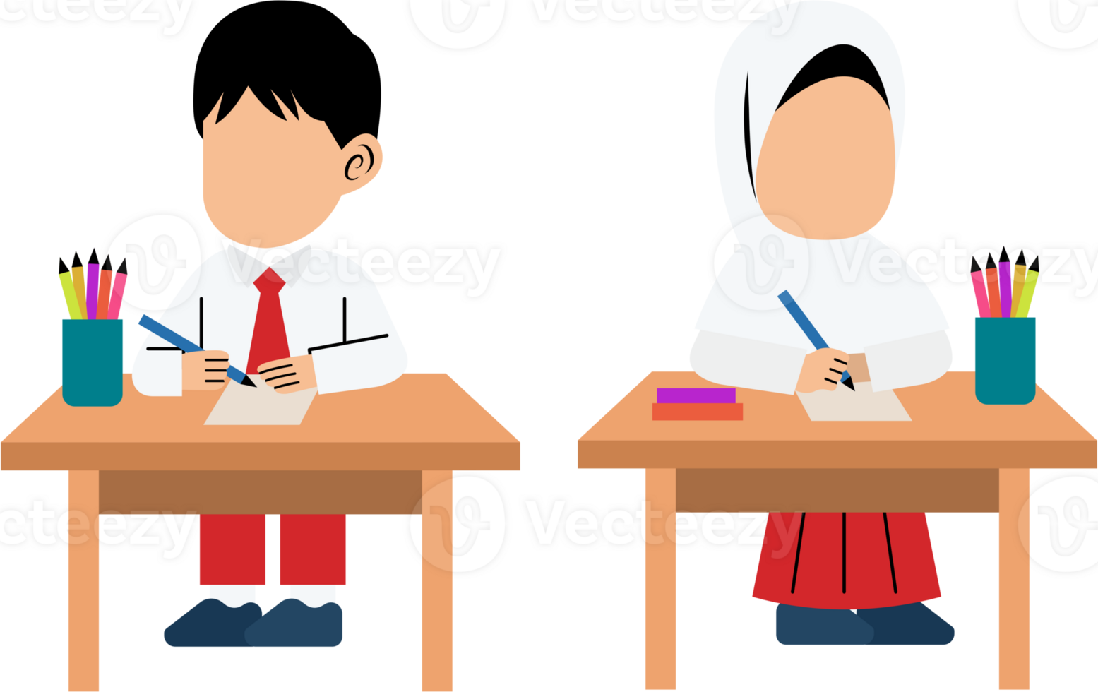 clipart of two children sitting at a desk with pencils and pens png