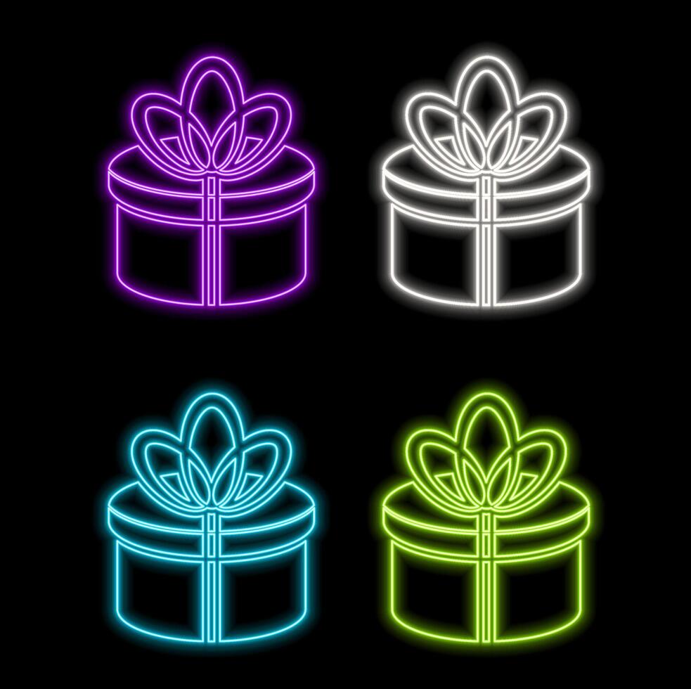 Gift boxes neon icon collection. Shiny diamond. Present and surprise concept. Outer glowing effect banner. Holiday celebration design on brick wall. Luminous sign pack. stock illustration vector