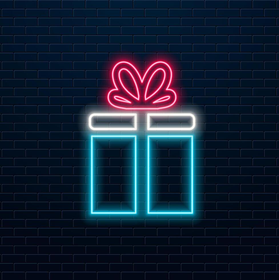 Neon gift box icon of depicted structure. Glowing neon gift box frame with crown sign, royal gift pictogram. Premium gift, luxury gift, royal prize and toast, best surprise. Icon Set vector