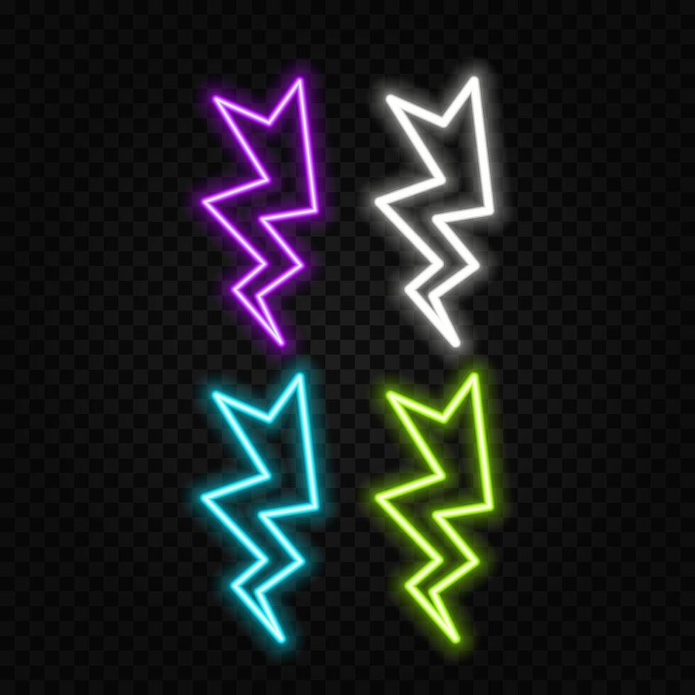 Big Neon set of lightning bolt. Glowing electric flash sign, thunderbolt electricity power icons. lightning set on black background vector