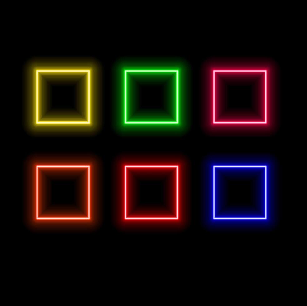 Neon square frame set realistic. Colorful glowing rectangle borders isolated. Action button UI elements with copy space. vector