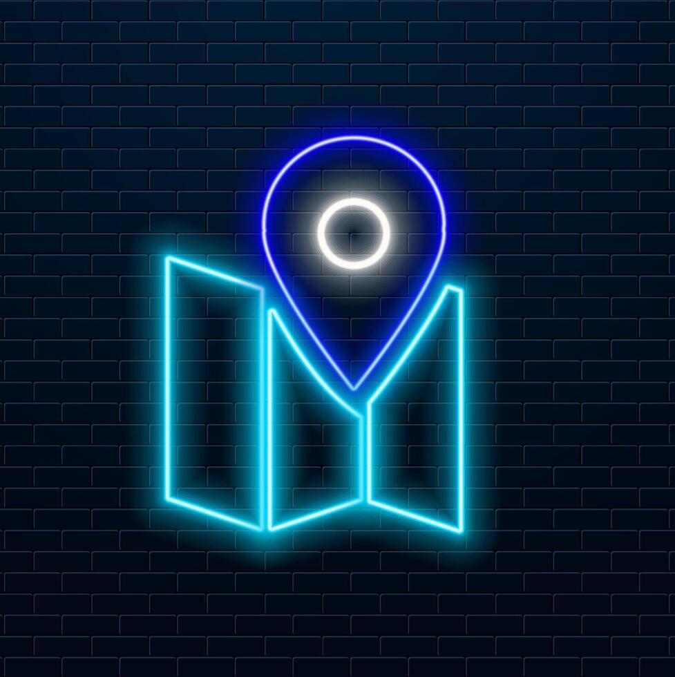 Glowing neon Location of South Korea icon isolated on brick wall background. vector