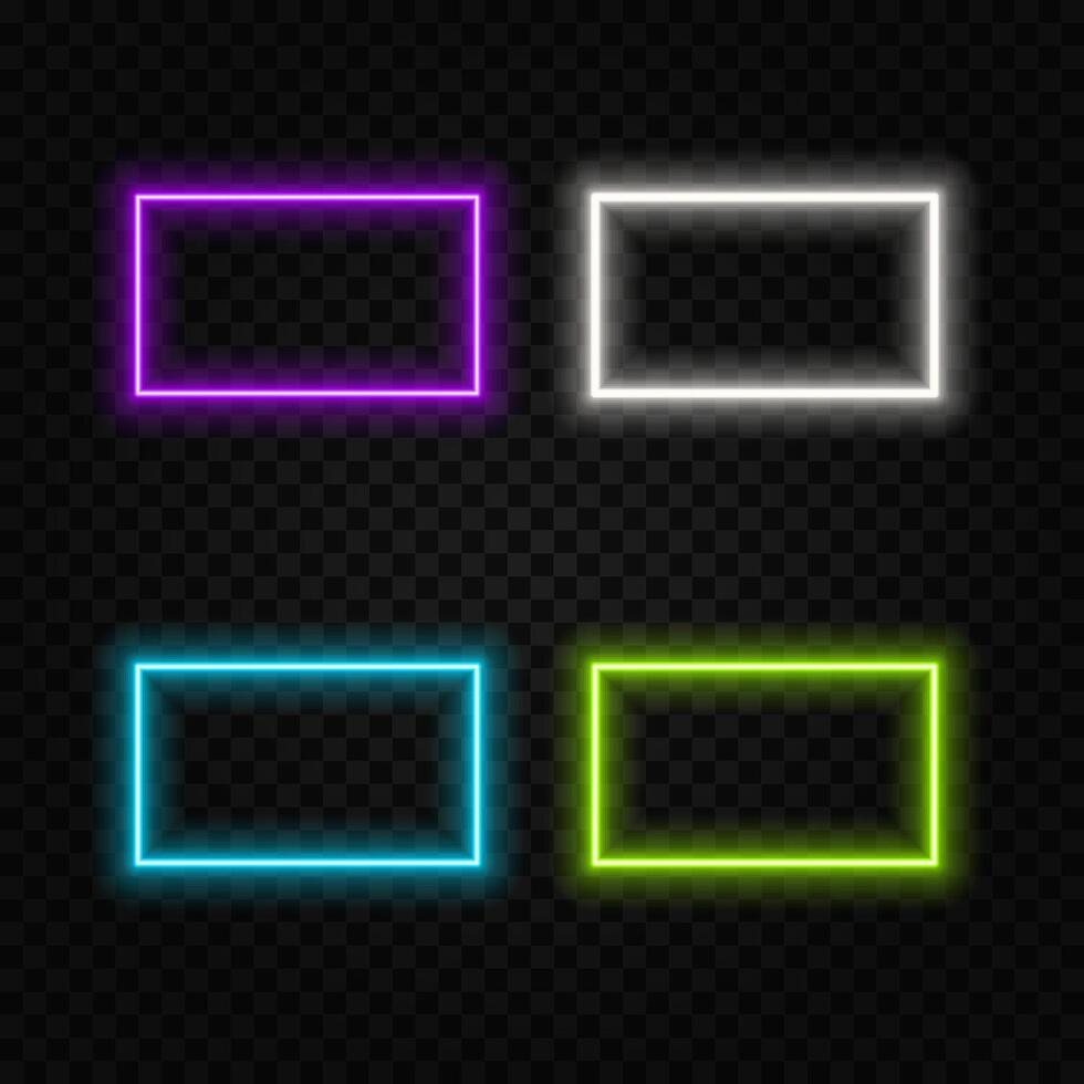 Neon rectangle frame with glow. Border with laser light effect. Led banners templates in orange, red and green colors. set of fluorescent shapes. vector
