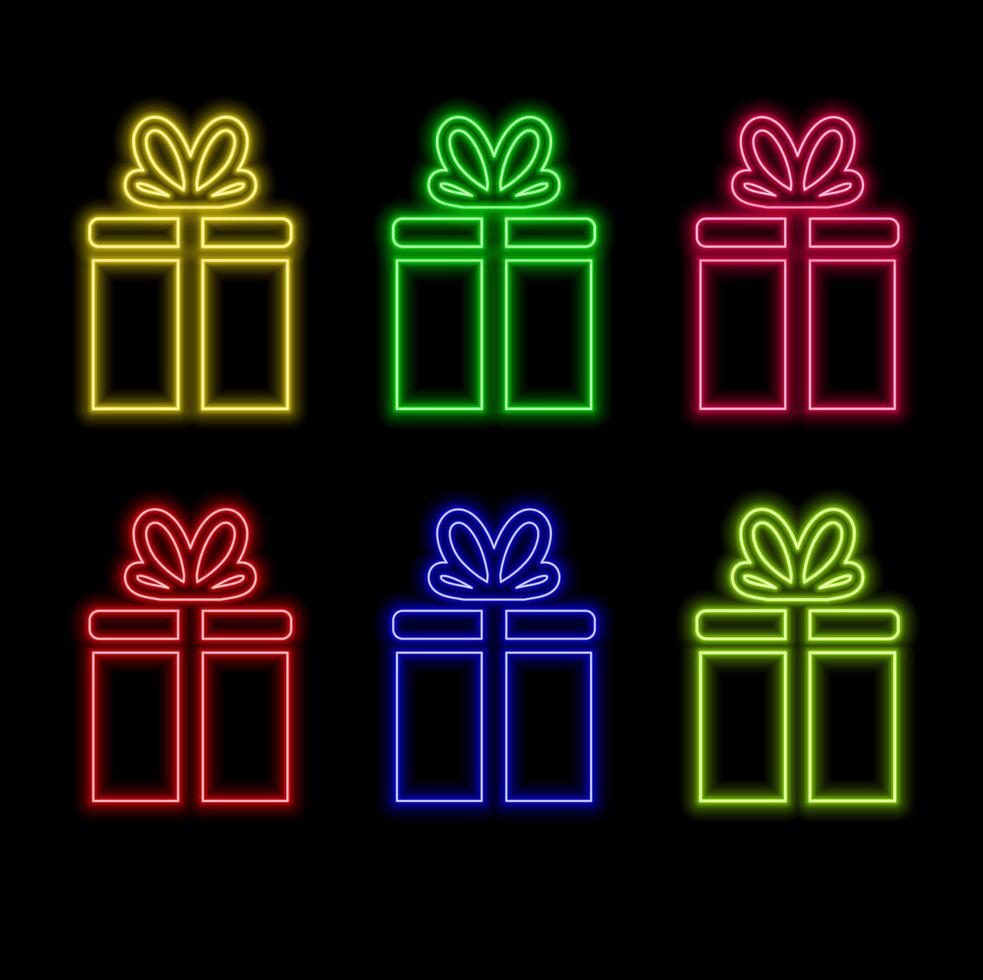 Neon light glow effect. Gift boxes line icon. Present or Sale sign. Birthday Shopping symbol. Package in Gift Wrap. 3d line neon glow icon. Brick wall banner. Surprise package outline. vector
