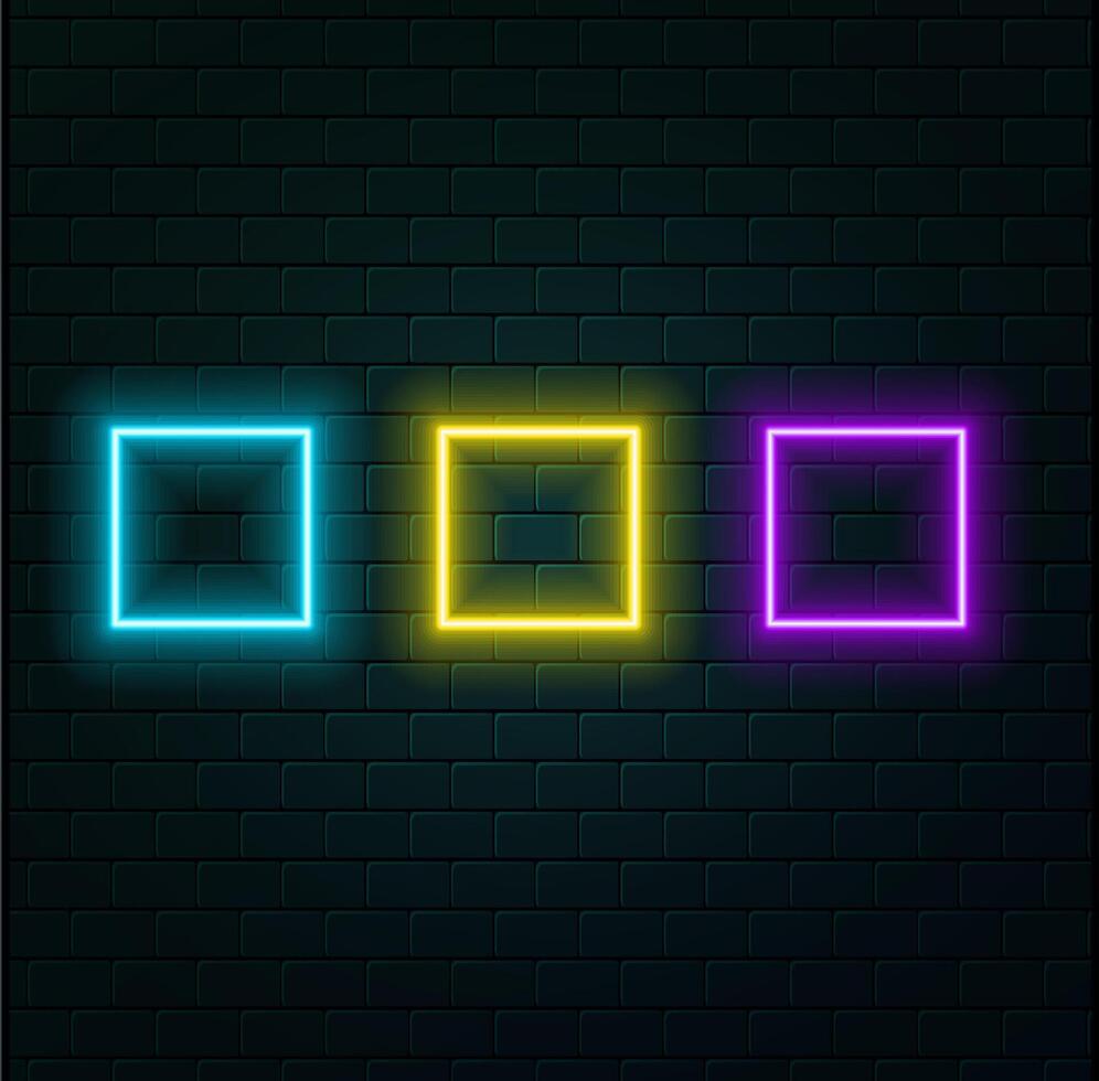 Neon square frame with shining effects on blue background. Empty glowing techno backdrop. illustration. vector