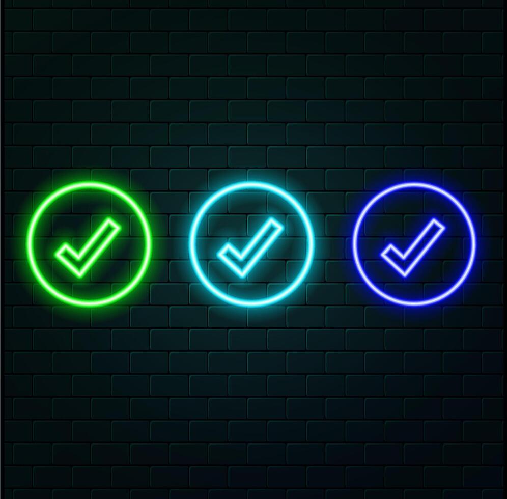 Glowing neon light Check mark icon and tick mark icon. Selected or correct symbol. blue color. vector