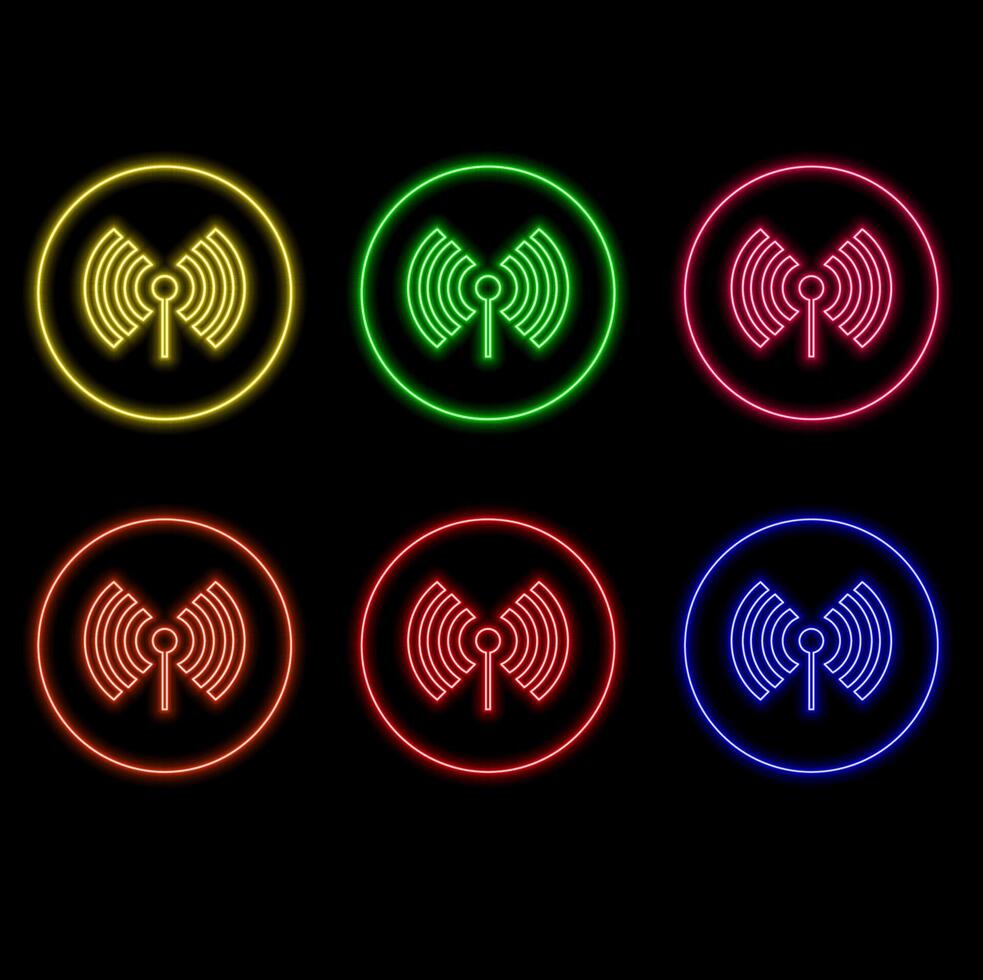 Neon glowing wifi sign in dark interior. 3d style realistic illustration vector