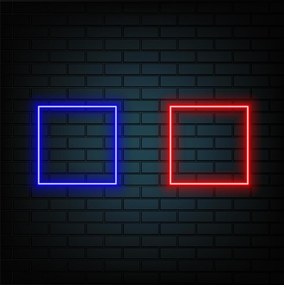 Colorful neon square frames collection. Borders set on brick wall. Space for text. Shiny sign. Glowing poster. Editable stroke. stock illustration vector