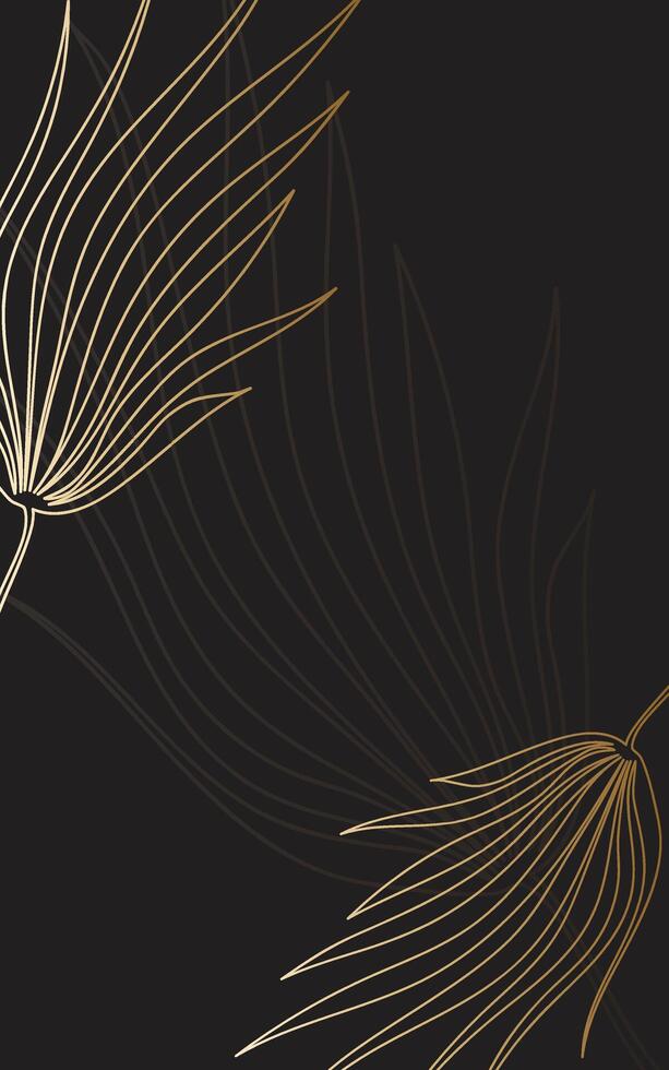 Vertical banner, poster with golden silhouette palm branches on the black background. Design tropical background. Minimalist floral illustration. vector