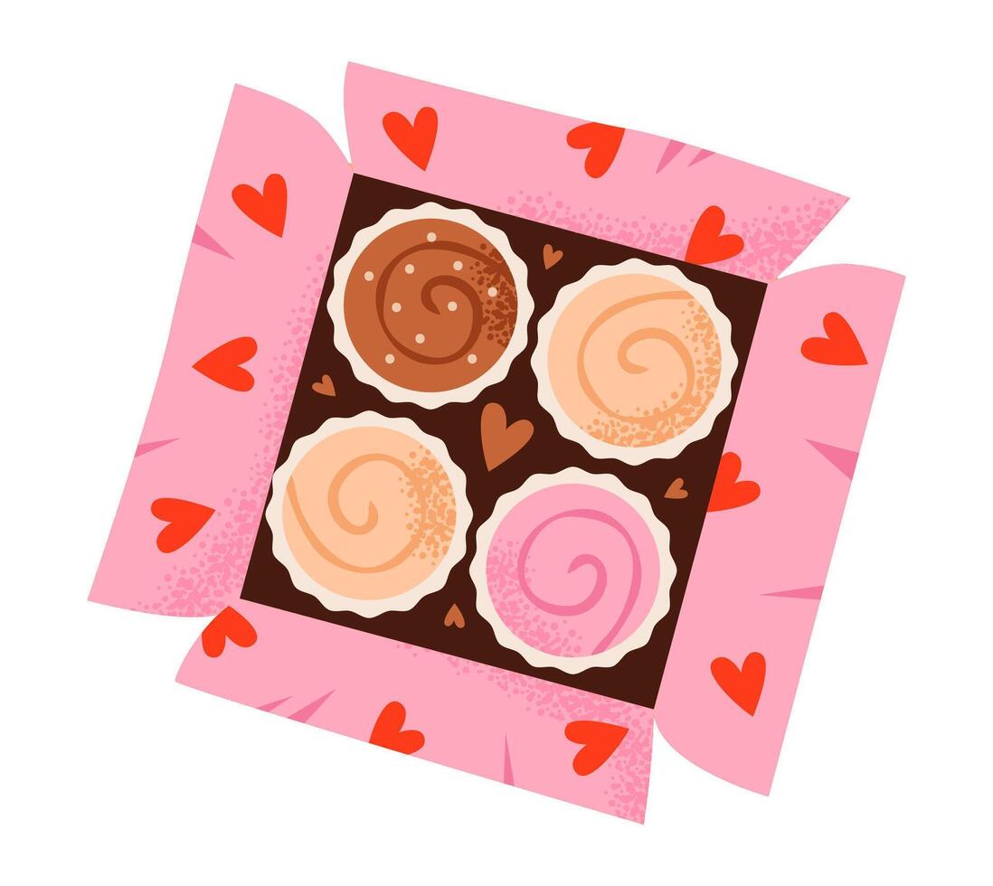 Cupcakes in a decorated box. Sweet gift for Valentine's Day. Flat illustration. vector