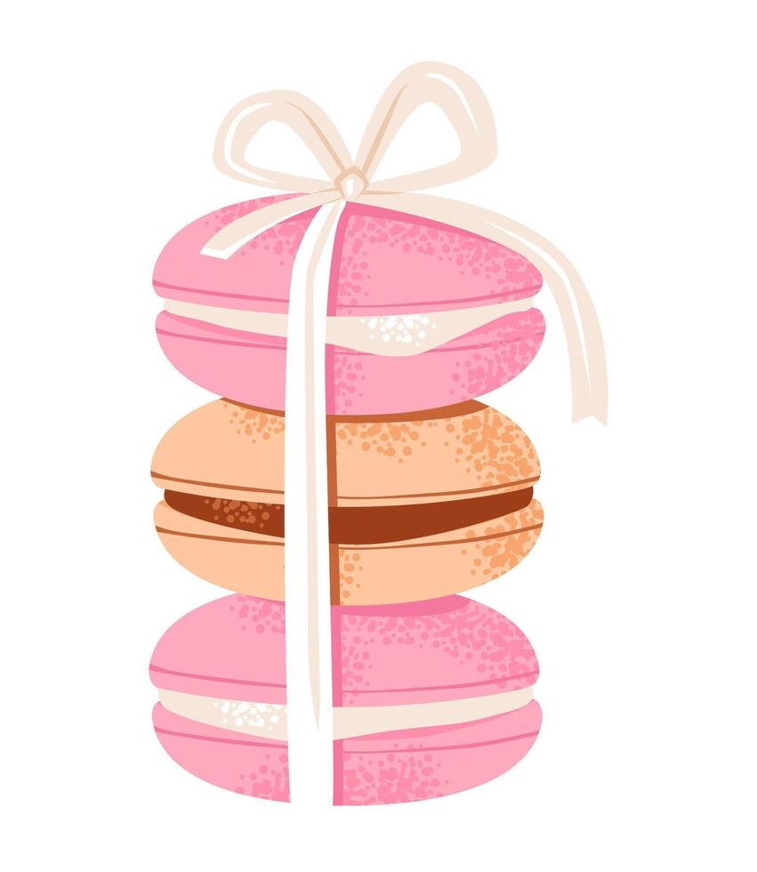 Macaron decorated with a bow and ribbon. Valentines Day sweets. Festive romantic treats. A vibrant flat illustration. vector