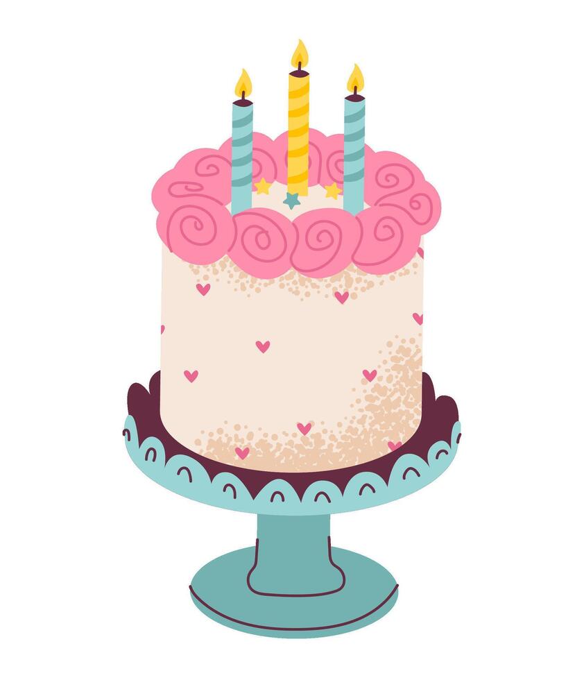 A festive illustration of a birthday cake with candles and colorful decorations. Birthday accessories. vector