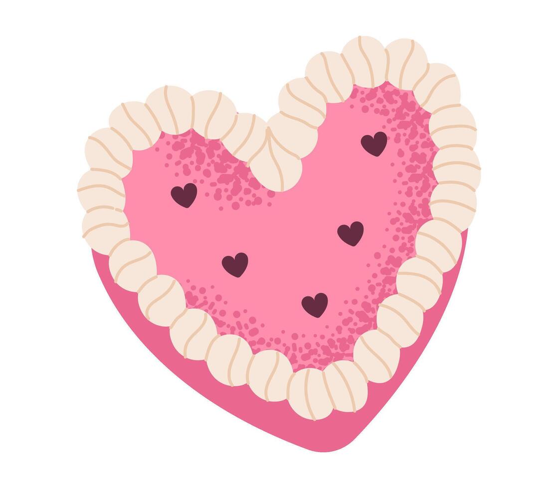 Heartshaped birthday cake with cream, icing and decorations. Festive flat illustration. vector