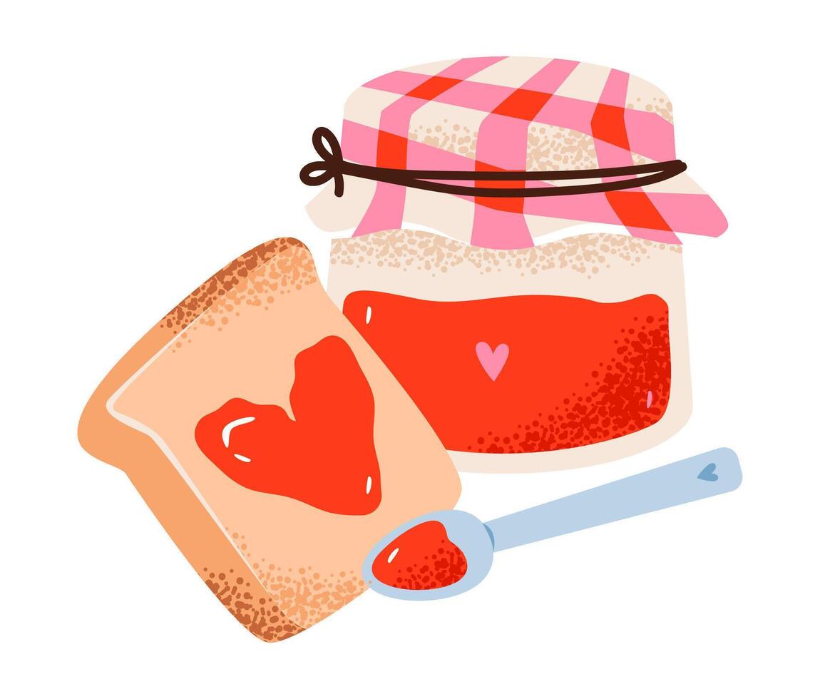 Jar of jam. Valentines Day sweetss. Jam spread on bread in the shape of a heart. Festive romantic treats. A vibrant flat illustration. vector