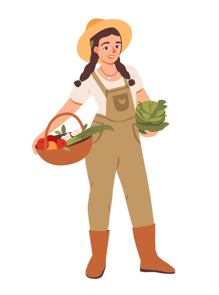 Woman with spring harvest basket. Sustainable farming and organic produce. Flat illustrations isolated on white background. vector
