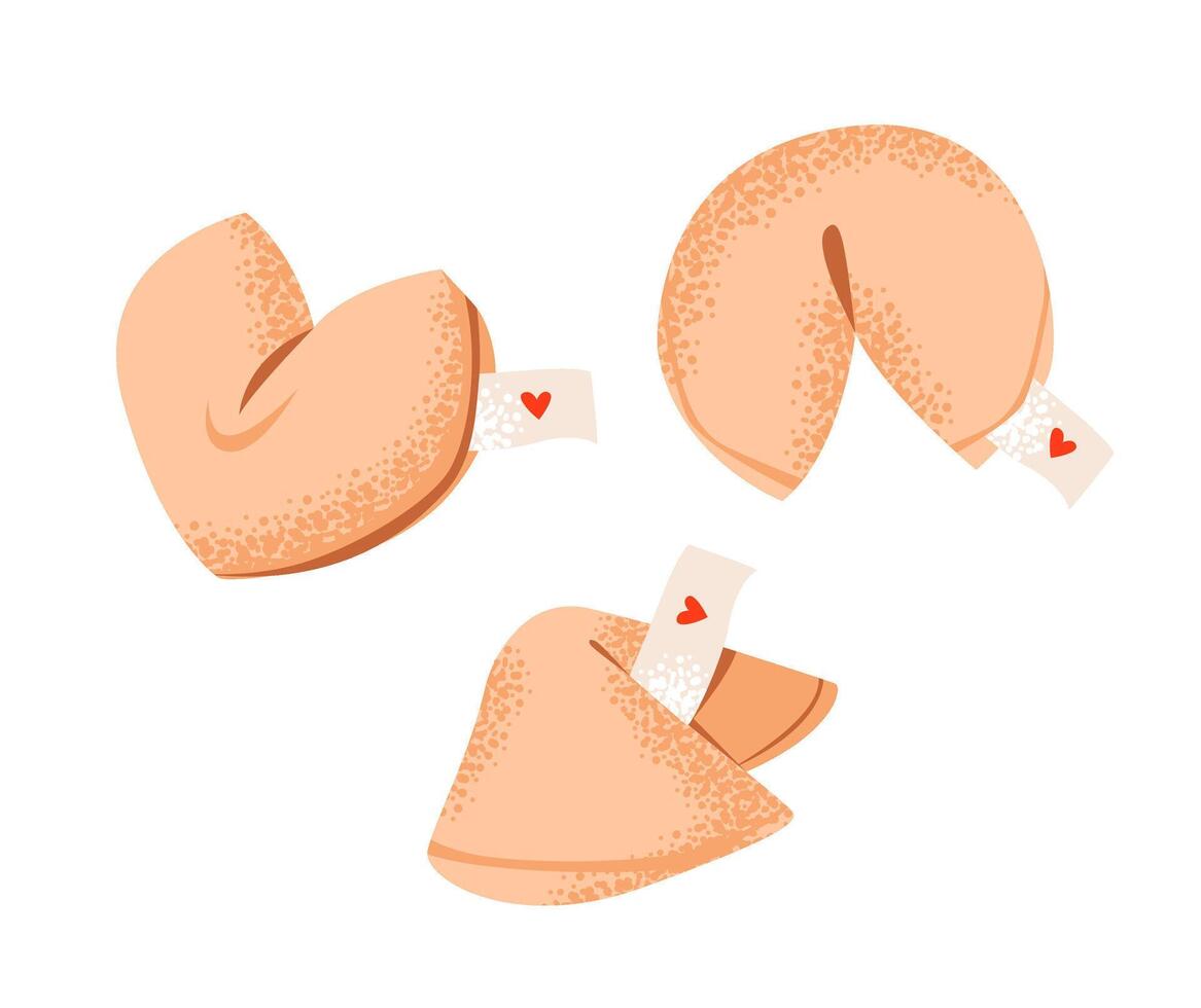 Fortune cookies with romantic messages. Valentine's Day traditions with sweet confections. Festive flat . vector