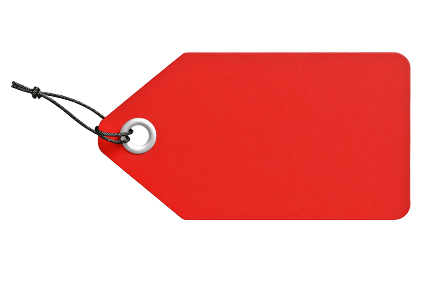 A vibrant blank red price tag mockup with a black string and metal eyelet png